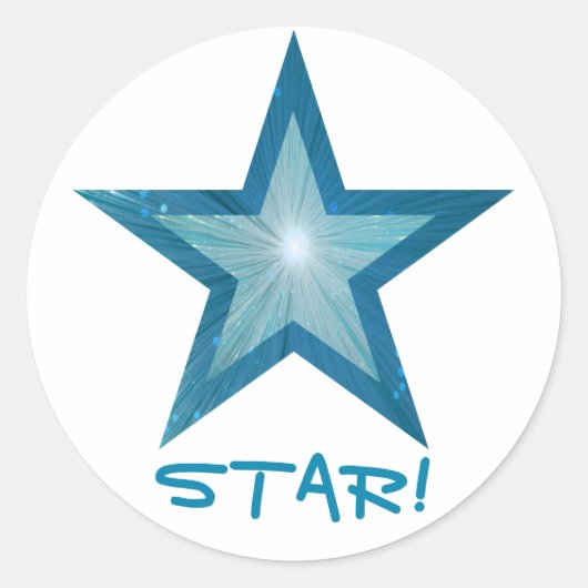 Blauw Star 'STAR' rond sticker wit (Voorkant)