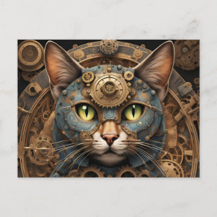 blauw steampunk cat AI art briefkaart