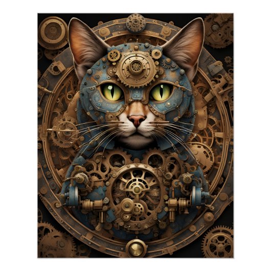 blauw steampunk cat AI art poster (Voorkant)