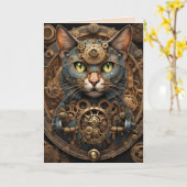 blauw steampunk cat AI art wenskaart Kaart (Gele Bloem)