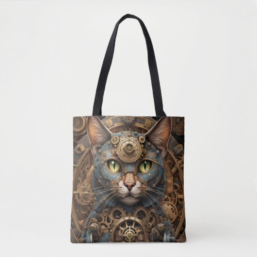 blauw steampunk cat AI kunst canvas tas (Voorkant)