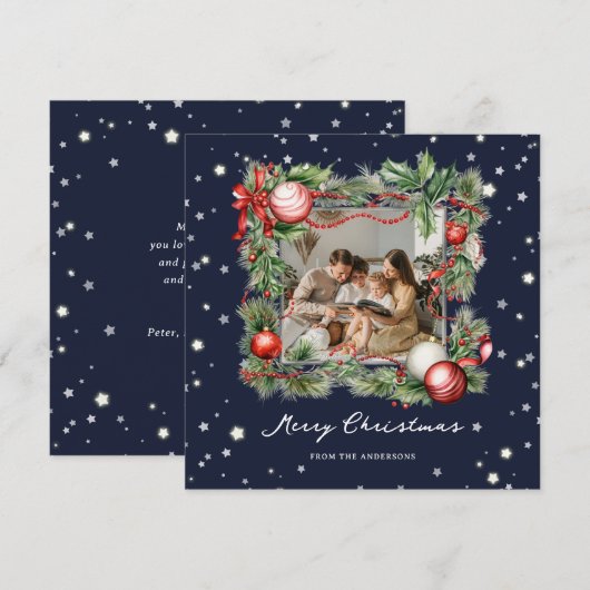 Blauw Sterrenkrans Foto Merry Christmas Kaart (Voorkant / Achterkant)
