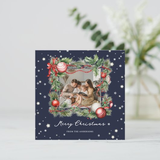 Blauw Sterrenkrans Foto Merry Christmas Kaart (Staand voorkant)