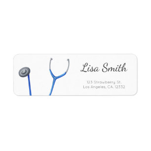 Blauw stethoscoop minimalistische dokter retouradr etiket
