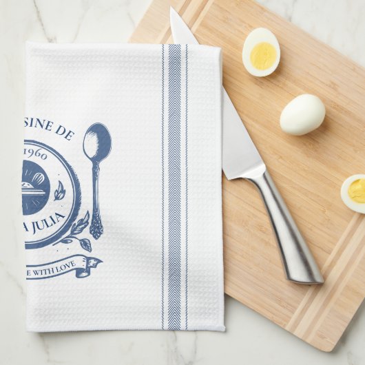 Blauw  stijl Franse koken Gepersonaliseerd naam Theedoek (Quarter Fold)