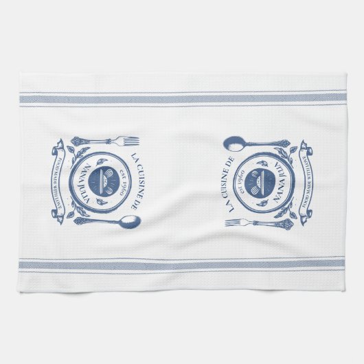 Blauw  stijl Franse koken Gepersonaliseerd naam Theedoek (Horizontaal)