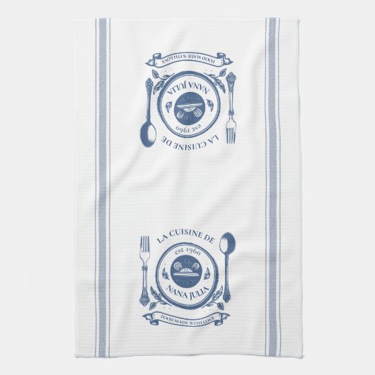 Blauw  stijl Franse koken Gepersonaliseerd naam Theedoek (Verticaal)