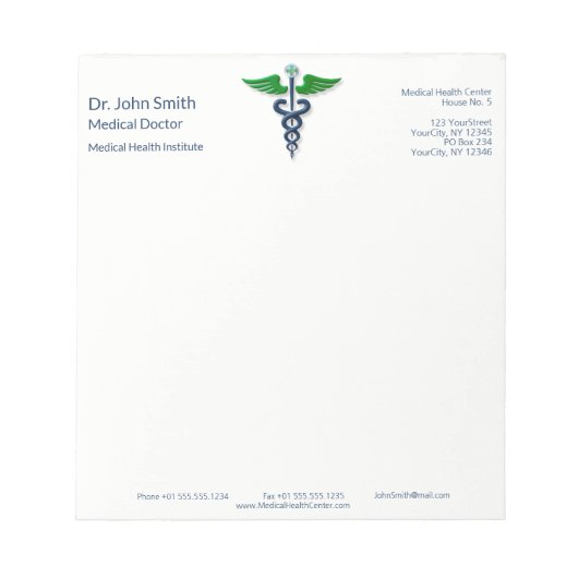 Blauw Stijlvol Medisch Caduceus Groene Vleugels Kr Notitieblok (Voorkant)