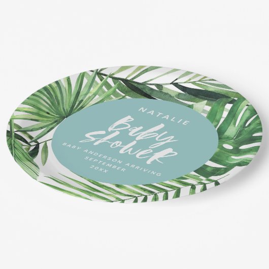 Blauw stijlvol tropisch blad modern baby shower papieren bordje (Gekanteld)