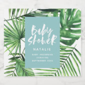 Blauw stijlvol tropisch gebladerte modern baby sho likeurfles etiket (Enkel label)