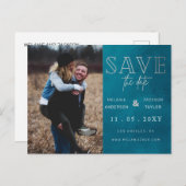 Blauw stijlvolle handgeschreven foto Opslaan datum Aankondigingskaart (Voorkant / Achterkant)