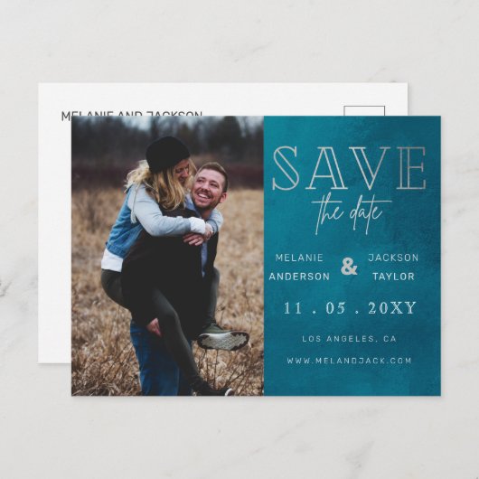 Blauw stijlvolle handgeschreven foto Opslaan datum Aankondigingskaart (Voorkant / Achterkant)