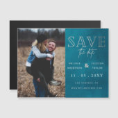 Blauw stijlvolle handgeschreven foto Opslaan datum Magnetische Uitnodiging (Voorkant / Achterkant)