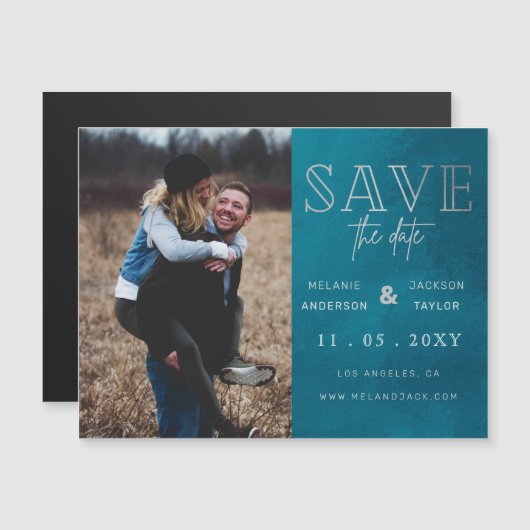 Blauw stijlvolle handgeschreven foto Opslaan datum Magnetische Uitnodiging (Voorkant / Achterkant)