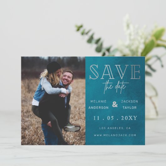 Blauw stijlvolle handgeschreven foto Opslaan datum Save The Date (Staand voorkant)