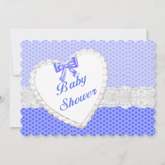 Blauw Stip Kant Hart Baby Borrel Uitnodiging (Voorkant)