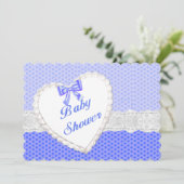 Blauw Stip Kant Hart Baby Borrel Uitnodiging (Staand voorkant)