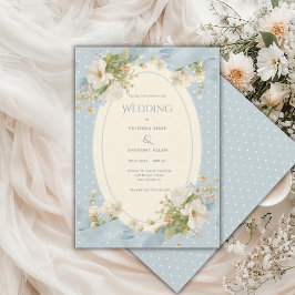 Blauw Stippen Bloem Elegant Lint Bruiloft Kaart