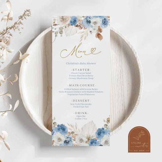 Blauw Stof Blauw Boho Bloem Menu