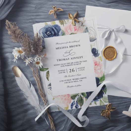 Blauw Stof Bloem Budget QR Code Huwelijk Kaart