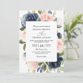 Blauw Stof Bloem Budget QR Code Huwelijk Kaart (Staand voorkant)