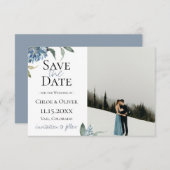 Blauw Stof Botanische Foto Bewaar De Datum Aankondiging (Voorkant / Achterkant)