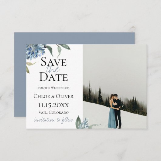 Blauw Stof Botanische Foto Bewaar De Datum Aankondiging (Voorkant / Achterkant)