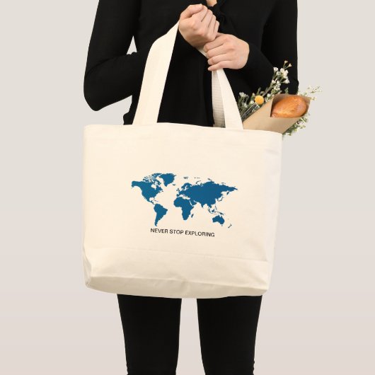 Blauw stopt nooit met het verkennen van Wereldkaar Grote Tote Bag (Voorkant (product))