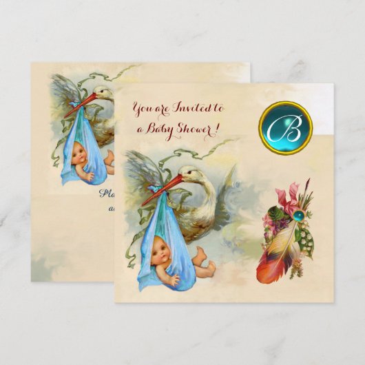 BLAUW STORK BOY BABY SHOWER, GEMSTONE MONOGRAM KAART (Voorkant / Achterkant)