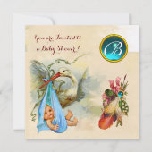 BLAUW STORK BOY BABY SHOWER, GEMSTONE MONOGRAM KAART (Voorkant)