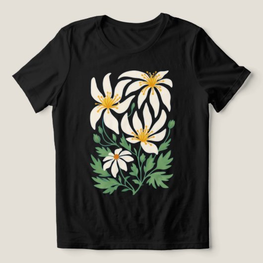 Blauw stralende dames abstracte bloemen T-shirt (Design voorkant)