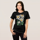 Blauw stralende dames abstracte bloemen T-shirt (Voorkant volledig)
