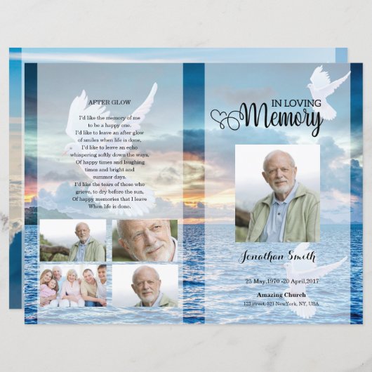 Blauw strand en duif Funeral Program sjabloon (Voorkant / Achterkant)