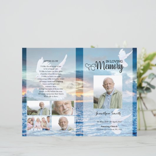 Blauw strand en duif Funeral Program sjabloon (Staand voorkant)