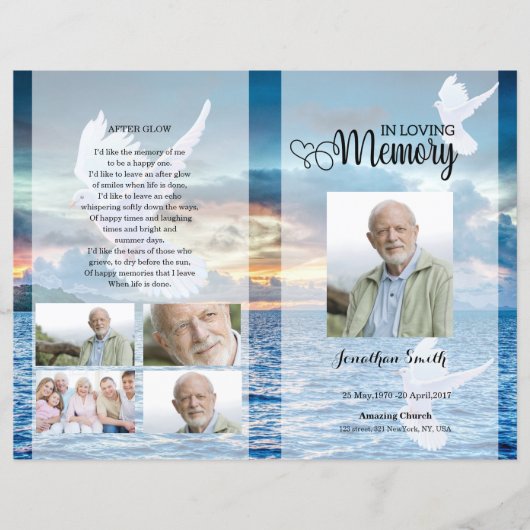 Blauw strand en duif Funeral Program sjabloon (Voorkant)