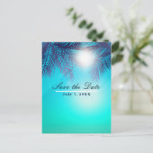 Blauw STRAND FEEST Zonnige Palmboom Datum opslaan Aankondigingskaart (Staand voorkant)