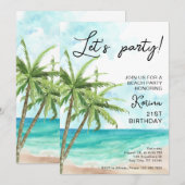 Blauw strand foto 21e verjaardag uitnodiging (Voorkant / Achterkant)