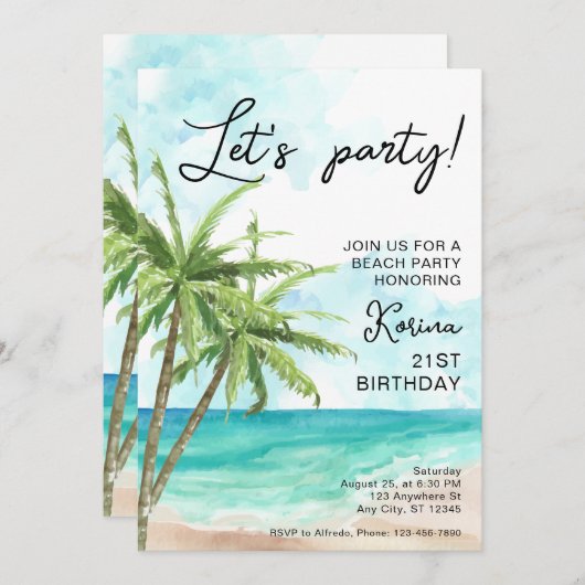 Blauw strand foto 21e verjaardag uitnodiging (Voorkant / Achterkant)