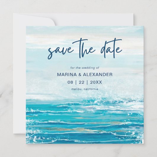 Blauw strand golven Kust bruiloft Save The Date (Voorkant)