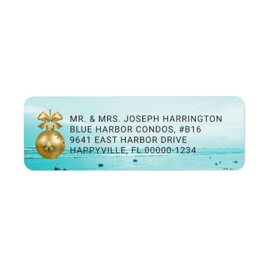 Blauw strand kerst retouradreslabels etiket (Voorkant)