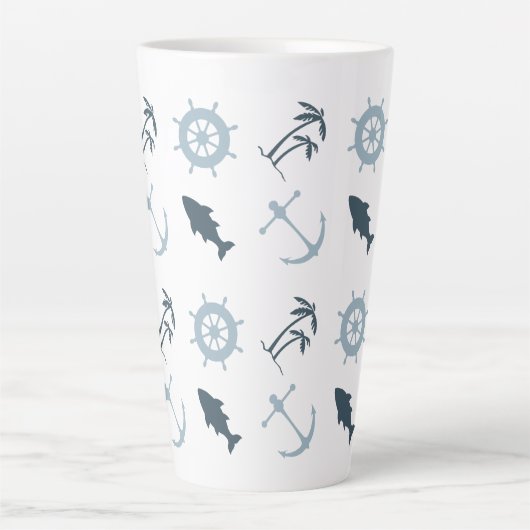 Blauw strand verankert palmbomen latte mok (Voorkant)