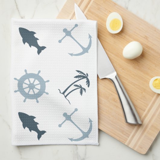 Blauw strand verankert palmbomen theedoek (Quarter Fold)