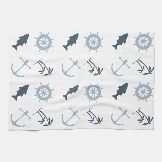 Blauw strand verankert palmbomen theedoek (Horizontaal)