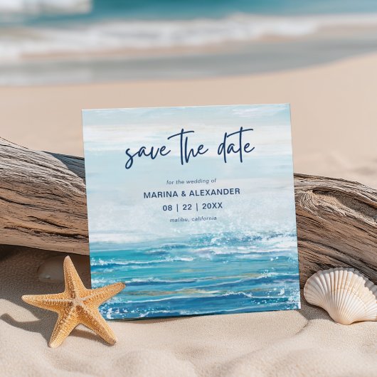 Blauw Strand Zeegolven Kust Bruiloft Save The Date