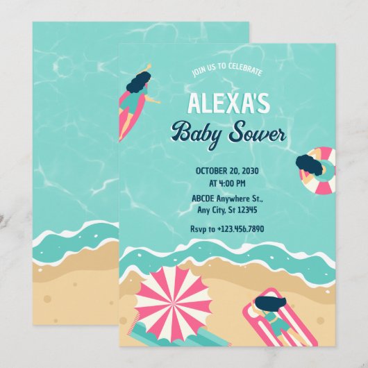 Blauw strand zomerfeest surfing baby shower kaart (Voorkant / Achterkant)