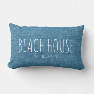 Blauw strandhuis aangepaste coördinaten kussen