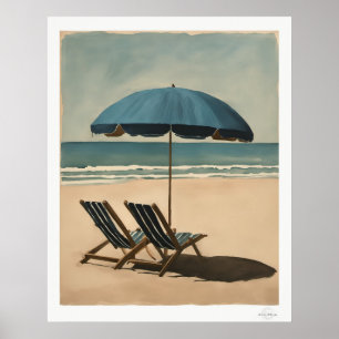 Blauw strandparaplu en strandstoelen olieverfschil poster
