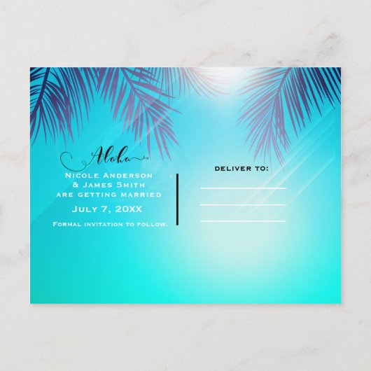 Blauw STRANDPARTY Zonnige Palmboom Bewaar de datum Aankondigingskaart (Achterkant)