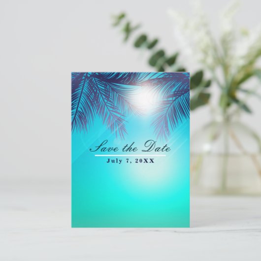 Blauw STRANDPARTY Zonnige Palmboom Bewaar de datum Aankondigingskaart (Staand voorkant)