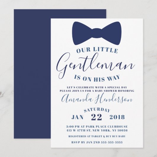 Blauw Strikdas Heren Babyshower Uitnodiging (Voorkant / Achterkant)